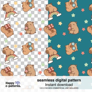 May include: Seamless digital pattern featuring cartoon capybaras with rainbows, gifts, cupcakes, and goggles, set against a teal background with stars. The pattern is 12x12 inches and includes commercial use.