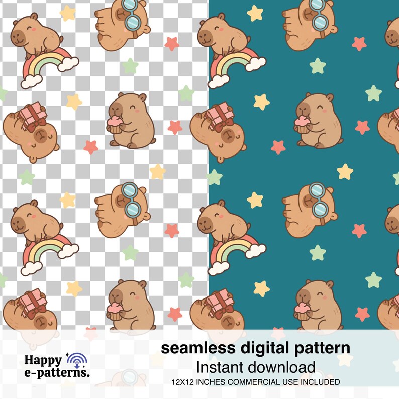 May include: Seamless digital pattern featuring cartoon capybaras with rainbows, gifts, cupcakes, and goggles, set against a teal background with stars. The pattern is 12x12 inches and includes commercial use.