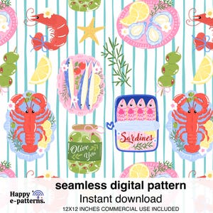 Puede incluir: Patrón digital sin costuras con ilustraciones de mariscos, incluyendo sardinas, camarones, langostas, aceitunas y limones, sobre un fondo a rayas. El diseño incluye el texto "Olive You" y "Sardines".
