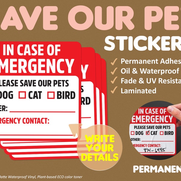 Pet Emergency Rescue Sticker, Save Our Pets, In Case of Emergency, Pet Decal, Pet Safety, Diecut Printed Sticker, Waterproof Sticker