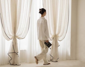 A Pair of Linen/cotton Blend Sheer Curtains with Thin trim ,Living Room curtains,Café Curtains, Privacy curtains, Custom made