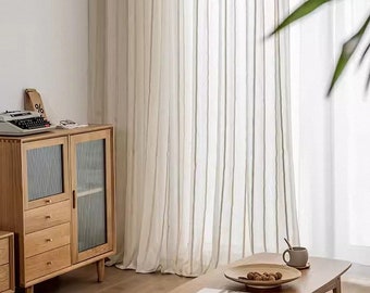 A Pair of Linen Blend Sheer Curtains with stripes, Living Room curtains,Café Curtains, Privacy curtains,  Custom made, Natural Curtains