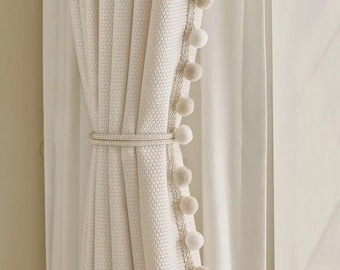 A Pair of Cream curtains with Pompom trim, Custom Boho Curtain panel with custom trim,Living Room Bedroom curtains, Custom made,Room divider