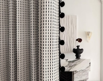A Pair of Woven curtains with Pompom trim, black white Nursery Curtain panels with trim, Living Room Bedroom curtains, Custom made