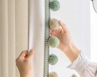 A Pair of Cream velvet curtains with decorative Pompom trim ,Living Room curtains, Velvet Drapery Panels,Bedroom curtains, Custom made
