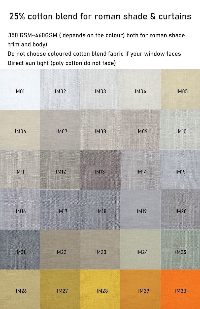 Puede incluir: Una carta de colores de muestras de tela para cortinas y estores. La imagen muestra 30 muestras de tela diferentes en varios colores, incluyendo blanco, beige, gris, azul, amarillo y naranja. El texto indica una mezcla de algod&oacute;n del 25%.
