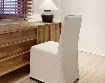 Funda de lino para silla de comedor, funda a medida con faldón, funda de repuesto de lino blanco roto para silla de estilo rústico.