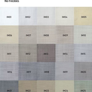 May include: Swatch card of 30 fabric samples for roman shades and curtains. The samples are arranged in a grid of 5 columns and 6 rows. The fabric is a 25% cotton blend with a GSM of 350-460. The colors range from white to beige to gray to yellow to orange.