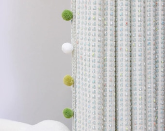 A Pair of checkered chenille Kids curtains with Pompom trim ,Baby Blue Living Room curtains, Nursery curtains ,Bedroom curtains, Custom made