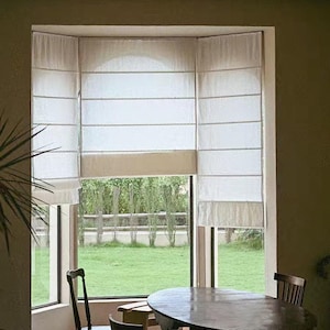 May include: A bay window with white roman shades and a view of a green lawn. A wooden table with four chairs is in the foreground.