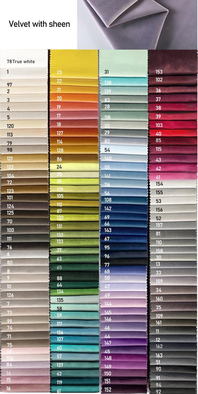 Puede incluir: Una carta de colores de muestras de tela de terciopelo con brillo. La carta muestra una amplia gama de colores, desde blanco puro hasta p&uacute;rpuras y verdes intensos. El texto "Velvet with sheen" est&aacute; en la parte superior.