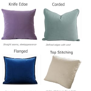 Puede incluir: Cuatro cojines decorativos de diferentes estilos. Un coj&iacute;n morado con costuras rectas, un coj&iacute;n verde con bordes con cord&oacute;n, un coj&iacute;n azul con costuras extendidas y un coj&iacute;n beige con pespuntes visibles. Texto descriptivo.