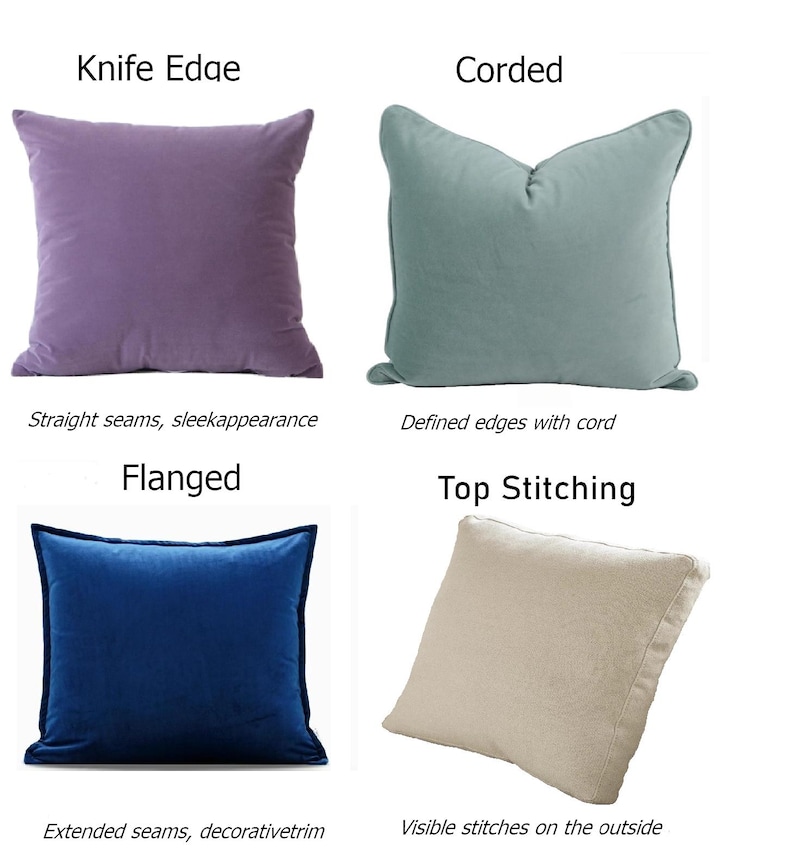 Puede incluir: Cuatro cojines decorativos de diferentes estilos. Un coj&iacute;n morado con costuras rectas, un coj&iacute;n verde con bordes con cord&oacute;n, un coj&iacute;n azul con costuras extendidas y un coj&iacute;n beige con pespuntes visibles. Texto descriptivo.