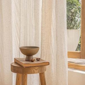 A Pair of Natural Linen Blend creased Sheer Curtains With Stripe, Café Curtains, Tulle curtains, Custom made, Privacy curtains