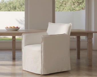 Funda de lino para silla de comedor, funda a medida con faldón, funda de repuesto de lino blanco roto para silla de estilo rústico.