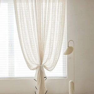 A Pair of Linen/cotton Blend Sheer Curtains with Thin trim ,Living Room curtains,Café Curtains, Privacy curtains, Custom made image 6
