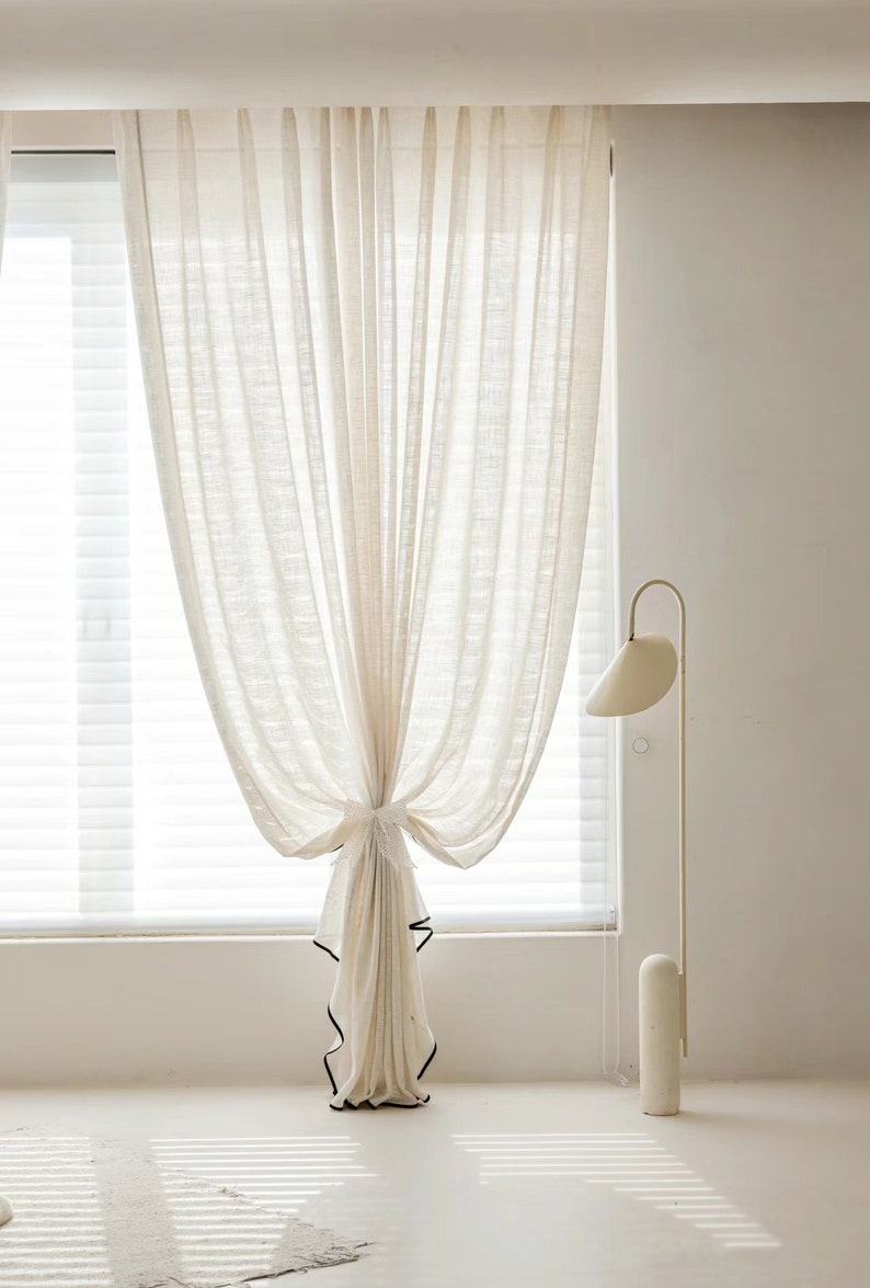 A Pair of Linen/cotton Blend Sheer Curtains with Thin trim ,Living Room curtains,Café Curtains, Privacy curtains, Custom made image 6