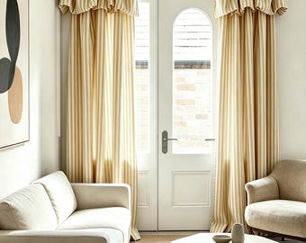 Custom made Linen striped fabric ,A Pair of curtains with ruffle valance top ,Living Room curtains, Bedroom curtains