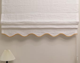 40 Colors ,100% linen Cordless Roman Shades, Scalloped Custom Roman Shade with Border trim, window treatment, Roman Blinds