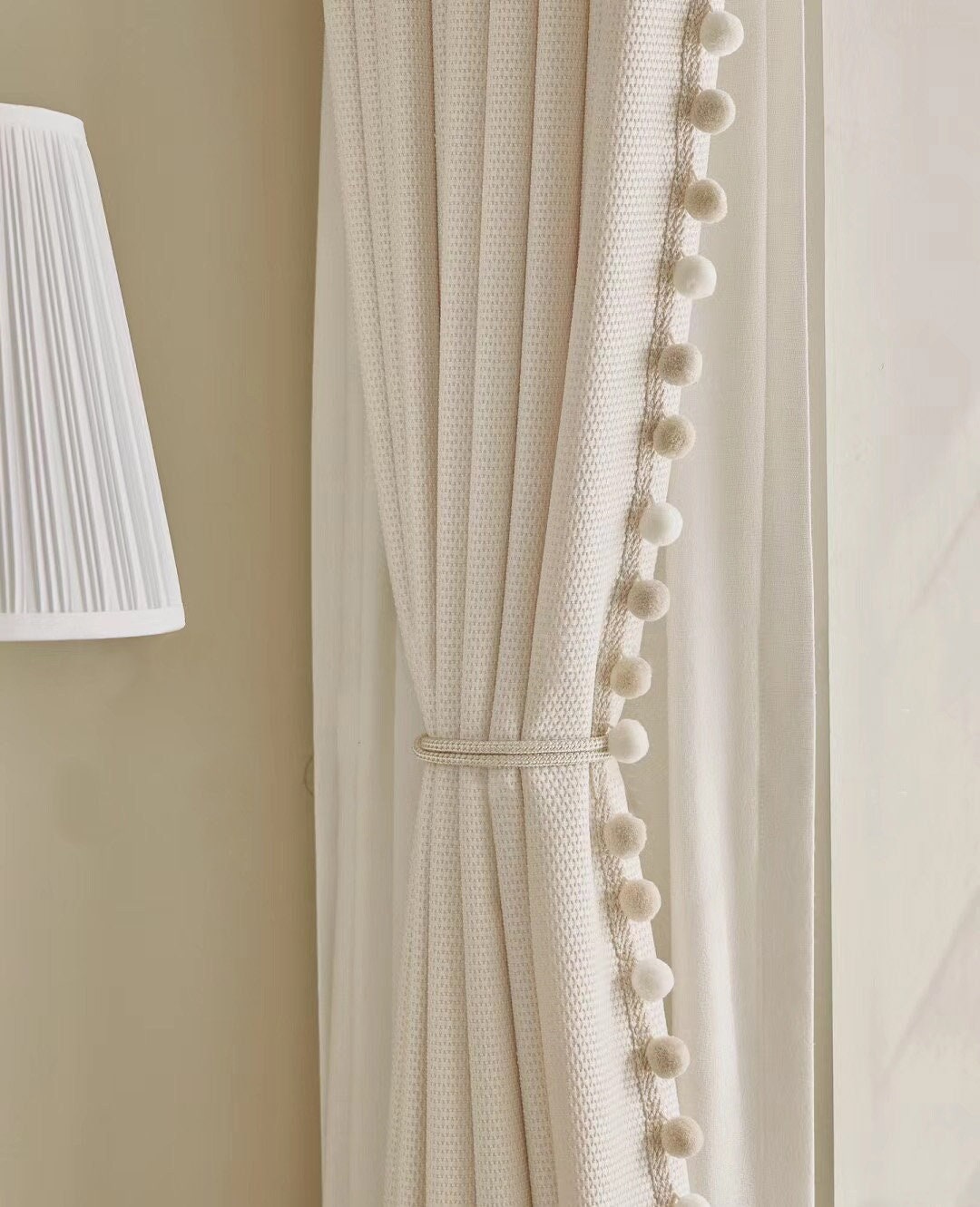 A Pair Of Cream Curtains With Pompom Trim, Custom Boho Curtain Panel With Custom Trim,living Room Bedroom Curtains, Custom Made,room Divider - UK