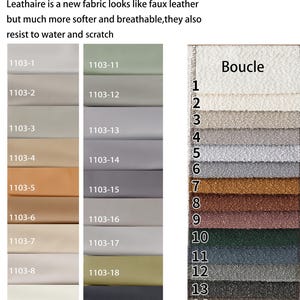 Puede incluir: Muestras de tela "leathaire" y "Boucle". Las muestras de leathaire presentan una variedad de tonos neutros, mientras que las muestras de Boucle, numeradas, ofrecen una gama de colores que van del blanco al negro.