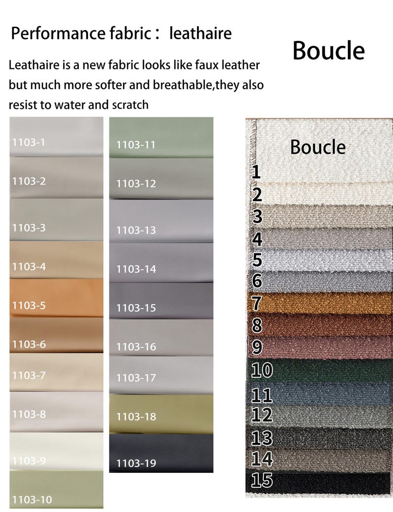 Puede incluir: Muestras de tela "leathaire" y "Boucle". Las muestras de leathaire presentan una variedad de tonos neutros, mientras que las muestras de Boucle, numeradas, ofrecen una gama de colores que van del blanco al negro.