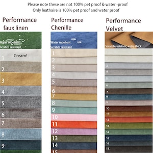 Puede incluir: Una carta de muestras de tela con el texto "Performance fabric". La carta muestra varias muestras de tela en diferentes colores y texturas, incluyendo lino sint&eacute;tico, chenilla y terciopelo. Cada tipo de tela tiene una gama de opciones de color, con n&uacute;meros que indican cada muestra.