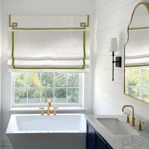 85 Colors Custom Roman Shades With Greek Key Valance, Roman Shade with Chain System, window blind, Cotton blend roman blind with border trim