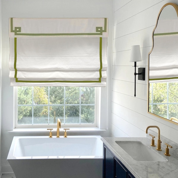 85 Colors Custom Roman Shades With Greek Key Valance, Roman Shade with Chain System, window blind, Cotton blend roman blind with border trim