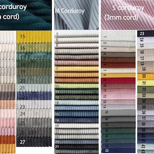 Puede incluir: Una carta de colores que muestra muestras de tela de pana en varios colores, incluyendo verdes, amarillos y azules. La imagen muestra diferentes tama&ntilde;os de cord&oacute;n, etiquetados como L (10 mm de cord&oacute;n), M y S (3 mm de cord&oacute;n).