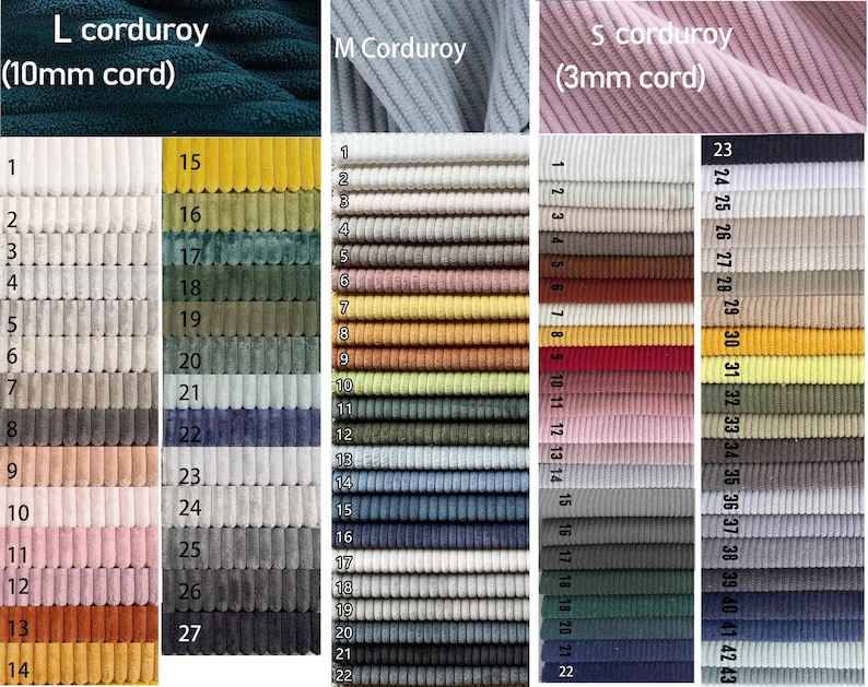Puede incluir: Una carta de colores que muestra muestras de tela de pana en varios colores, incluyendo verdes, amarillos y azules. La imagen muestra diferentes tama&ntilde;os de cord&oacute;n, etiquetados como L (10 mm de cord&oacute;n), M y S (3 mm de cord&oacute;n).