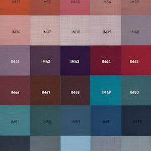 May include: A color chart with 60 fabric swatches, each labeled with a number. The swatches are arranged in a grid of 6 rows and 10 columns. The colors range from light to dark, and include shades of red, pink, purple, brown, blue, and gray.