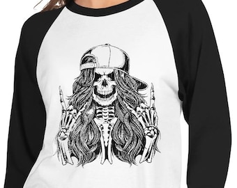 Skeleton Rocker Girl Raglan: Edgy Goth 3/4 Sleeve Tee