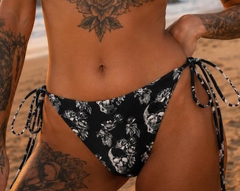Skull Bloom String Bikini Bottoms – Black & White Gothic Floral Tie-Side Swimwear