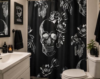 Skull with Floral Wreath Shower Curtain | Black Skull Bathroom Decor