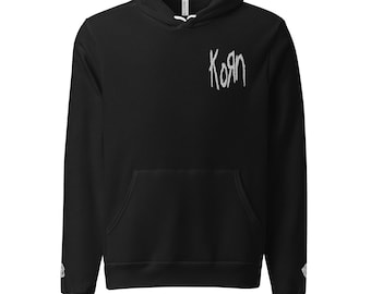 Korn Embroidered Hoodie: Nu-Metal Skeleton Middle Finger Sleeves, Bella+Canvas