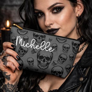 Personalized Skull Accessory Pouch | Goth Makeup Bag, Travel Organizer