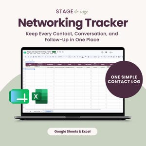 May include: A laptop screen displaying a digital networking tracker spreadsheet with columns for name, organisation, and contact details. The text reads Stage & Sage Networking Tracker, Keep Every Contact, Conversation, and Follow-Up in One Place.