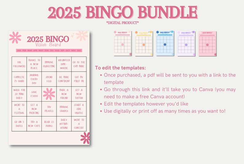 2025 Bingo Bundle Vision Board Completely Customisable on Canva New