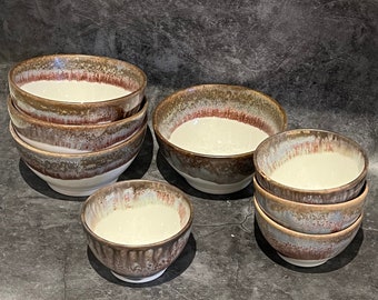 Tazón de esmalte de goteo de cerámica hecho a mano SET DE 8, tazón de matcha de cerámica de esmalte marrón, tazón de desayuno, juego de vajilla de cerámica, tazón de porcelana y palte