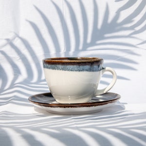 May include: A white ceramic coffee cup with a brown and blue rim sits on a matching saucer. The cup and saucer are on a white surface with a shadow of a palm leaf.