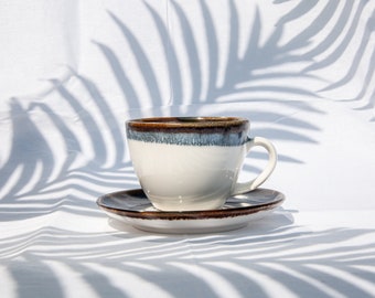 Ręcznie robiony zestaw filiżanek do herbaty z porcelany: granatowe szkliwo ombre, rustykalna ceramika (zestaw 3 sztuk)