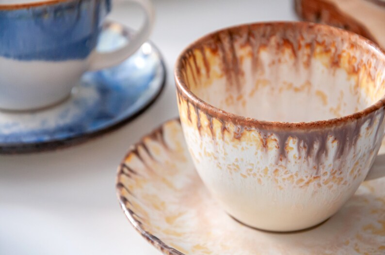 White SET OF 2 Porcelain Tea cup with saucer, 230MLCoffee cupCeramic cups handmadePorcelain tablewarePorcelain mugPottery Tea Mug gift image 3