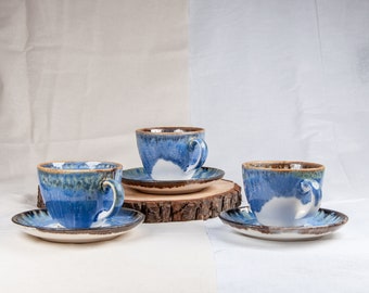 Bleu ENSEMBLE DE 2 Tasses à thé en porcelaine avec soucoupe| Tasse à café| Tasse basse| Tasses en céramique faites à la main| Vaisselle en porcelaine| Tasse en porcelaine| Tasse à café| Tasse à thé