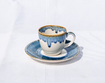 Blue SET OF 2 Porcelain Espresso Cups And Saucers Set, Turkish Coffee Cup Set, Macchiato Cup, Porcelain Espresso Cup Set,Housewarming gift