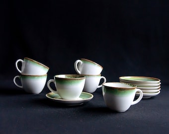 Green SET OF 6  Porcelain Tea cup with saucer|Coffee cup|Low cup|Ceramic cups handmade|Porcelain tableware|Porcelain mug|Coffee|Tea Mug Gift