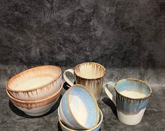 Serene Harmony: Handmade Pottery Set in White and Blue Drip Glaze SET OF 6, handmade pottery set in the uk, ceramic tableware, bowl and mug