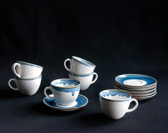 Blue SET OF 6  Porcelain Tea cup with saucer|Coffee cup|Low cup|Ceramic cups handmade|Porcelain tableware|Porcelain mug|Coffee|Tea Mug Gift