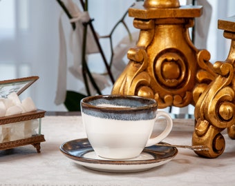 Filiżanka do herbaty z porcelany marynarskiej ze spodkiem: ręcznie robiona ceramiczna filiżanka do kawy