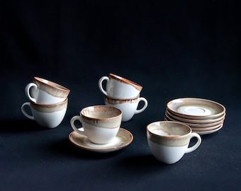 Beige SET OF 6  Porcelain Tea cup with saucer|Coffee cup|Low cup|Ceramic cups handmade|Porcelain tableware|Porcelain mug|Coffee|Tea Mug Gift